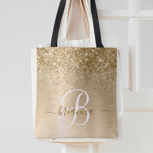 Faux Goud Geborsteld Metaal Glitter Print Monogram Tote Bag