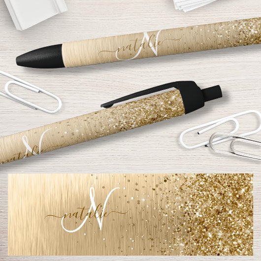 Faux Goud Geborsteld Metaal Glitter Print Monogram Zwarte Inkt Pen