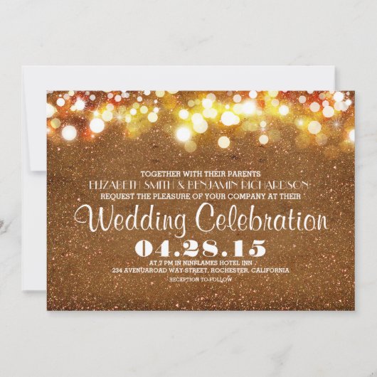 Faux Goud Glitter String Lights Uitnodiging van de (Voorkant)