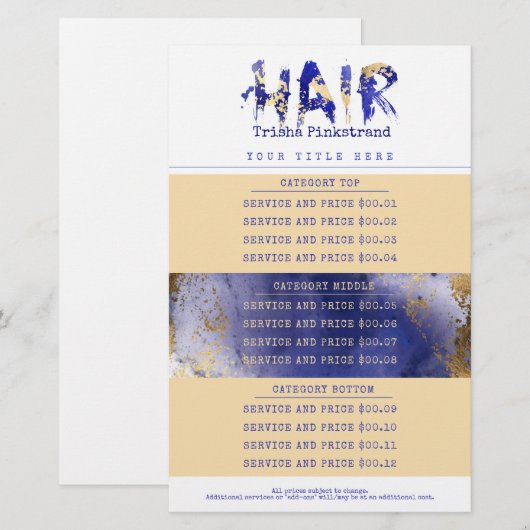 Faux goud haar stylist salon service prijslijst briefpapier (Voorkant / Achterkant)