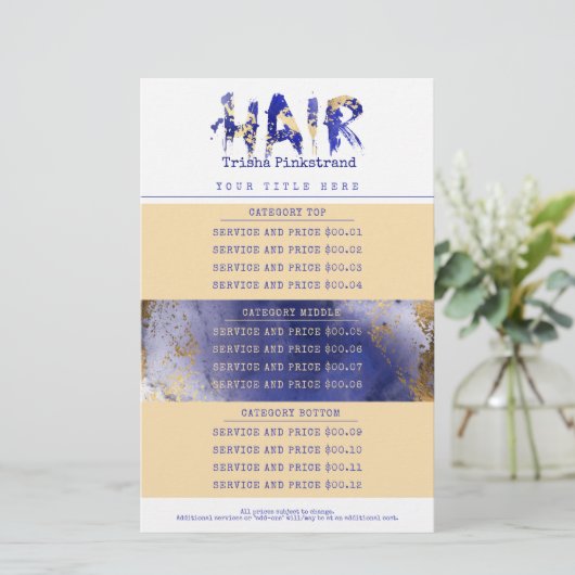 Faux goud haar stylist salon service prijslijst briefpapier (Staand voorkant)