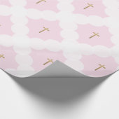 Faux goud kruis wit cirkel patroon doop roze cadeaupapier (Hoek)