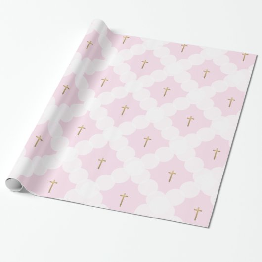 Faux goud kruis wit cirkel patroon doop roze cadeaupapier (Uitgerold)