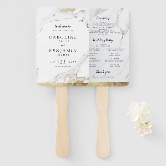 Faux goud marmer luxe moderne bruiloft programma handwaaier (Voorkant en achterkant)