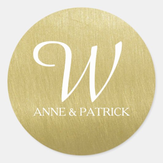 Faux goud (oker) monogram & namen, bruiloft ronde sticker (Voorkant)