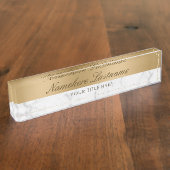 Faux Goud Wit Grijs Marmer Elegant Script Naambordje (Zijkant)