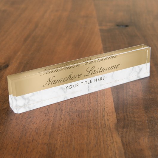 Faux Goud Wit Grijs Marmer Elegant Script Naambordje (Zijkant)