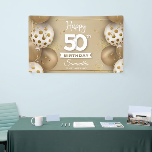 Faux goud witte ballonnen verjaardag viering spandoek (Beurs)