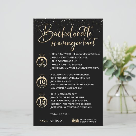 Faux Goud Zwart Bachelorette Scavenger Hunt Spel (Staand voorkant)