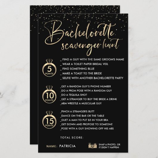 Faux Goud Zwart Bachelorette Scavenger Hunt Spel (Voorkant / Achterkant)