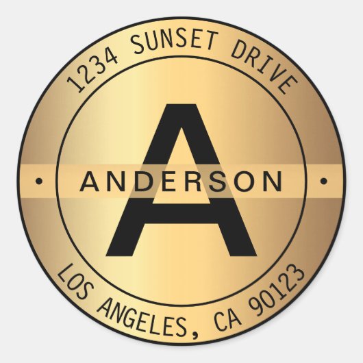 FAUX Goud & Zwart Vet Monogram & Cirkeladres Ronde Sticker (Voorkant)