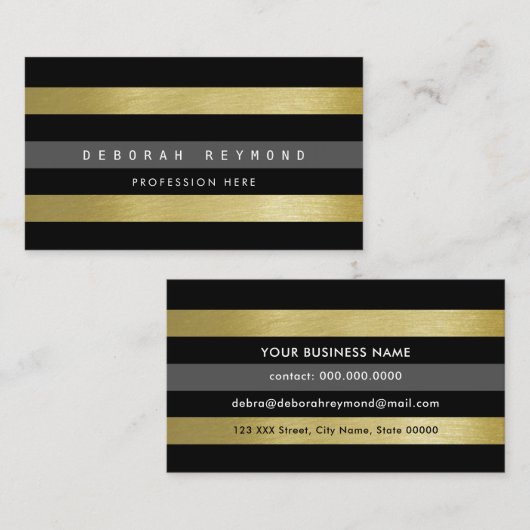 Faux goud & zwarte strepen. Modern gestreept Visitekaartje (Voorkant / Achterkant)