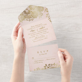 Faux goudbruine elegante  lace bruiloft alles i all in one uitnodiging