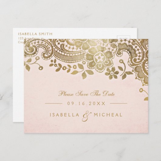 Faux goudbruine elegante lace bruiloft met uitzond aankondigingskaart (Voorkant / Achterkant)