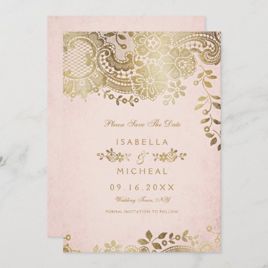 Faux goudbruine elegante lace bruiloft met uitzond save the date (Voorkant / Achterkant)