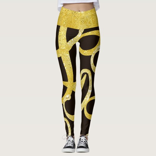 Faux gouden abstract letter L glam glanzend patroo Leggings (Voorkant)