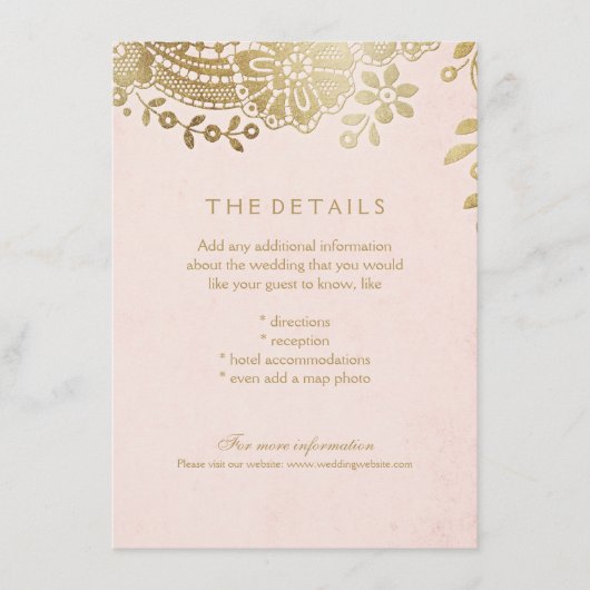 Faux gouden blush elegante kant bruiloft details k informatiekaartje (Voorkant)
