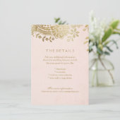Faux gouden blush elegante kant bruiloft details k informatiekaartje (Staand voorkant)