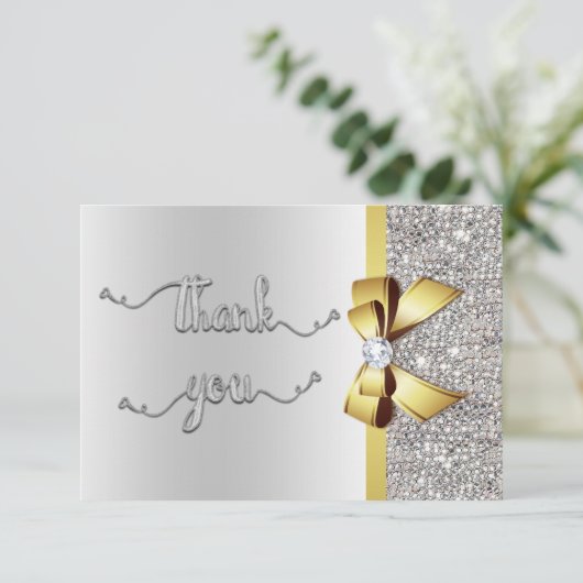 Faux gouden boog zilveren pailletten dank u bruilo bedankkaart (Staand voorkant)