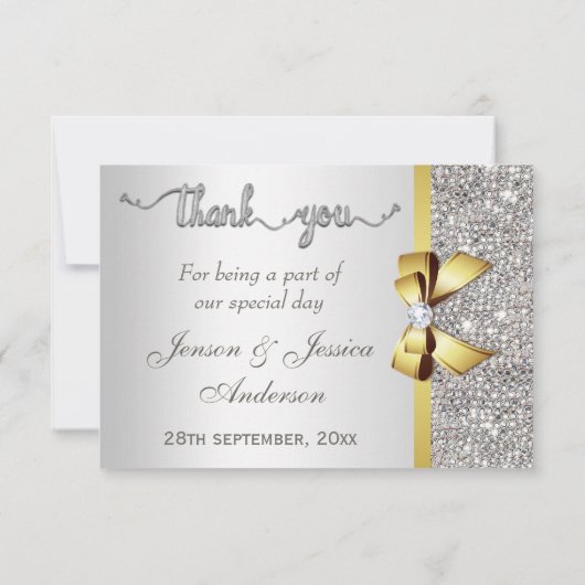 Faux gouden boog zilveren pailletten dank u bruilo bedankkaart (Achterkant)