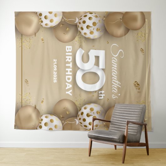 Faux gouden en witte ballonnen 50ste verjaardag wandkleed (In Situ (horizontaal))