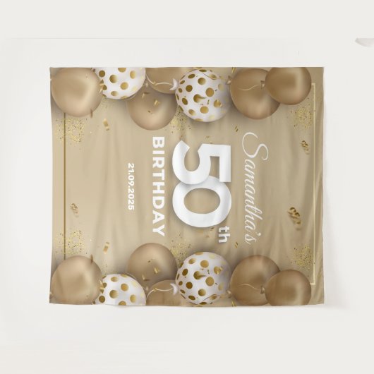 Faux gouden en witte ballonnen 50ste verjaardag wandkleed (Voorkant (horizontaal))