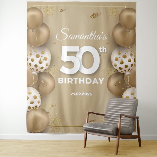 Faux gouden en witte ballonnen 50ste verjaardag wandkleed (In situ)