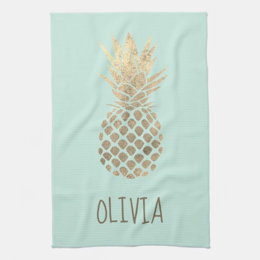 Faux gouden folie ananas ontwerp op munt theedoek (Verticaal)