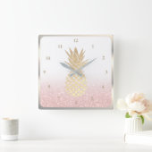 faux gouden folie ananas op faux glitter vierkante klok (Huis)