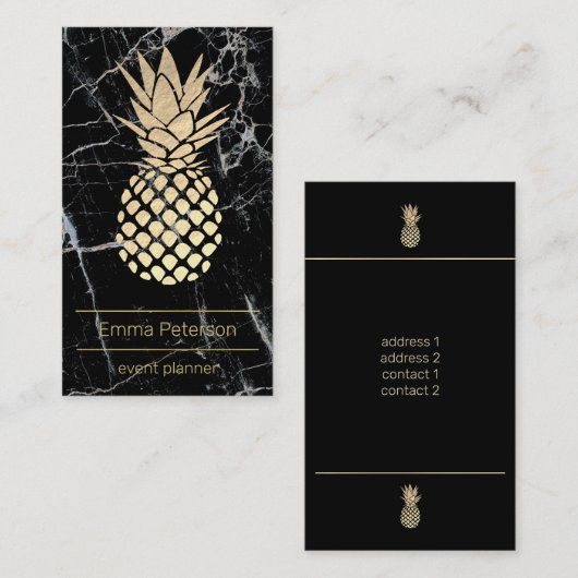 Faux gouden folie ananas op zwart marmer visitekaartje (Voorkant / Achterkant)