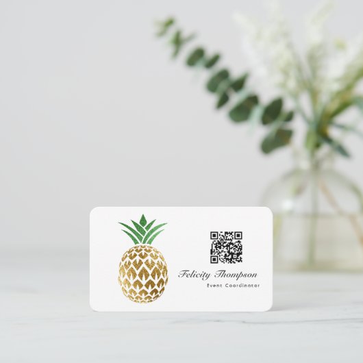 Faux gouden folie ananas QR-code Visitekaartje (Staand voorkant)