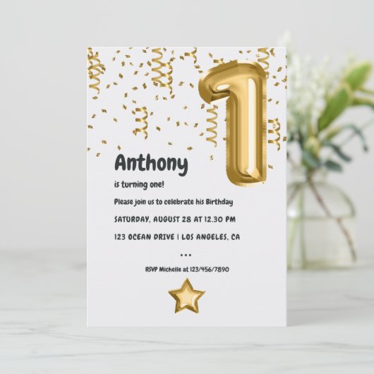 Faux Gouden Folie Ballon 1e Verjaardag Kaart (Staand voorkant)