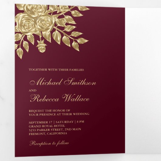Faux gouden folie bladeren bloemenbordeaux bruilof drieluik uitnodiging (Binnenzijde eerst)