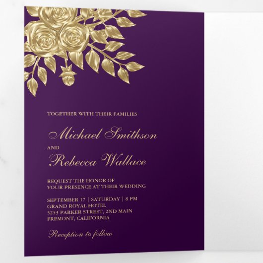 Faux gouden folie bladeren bloemenbruiloft Paarse Drieluik Uitnodiging (Binnenzijde eerst)