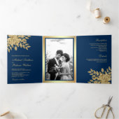 Faux gouden folie bladeren bloemenmarine blauw bru drieluik uitnodiging (Binnen)