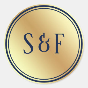 Faux Gouden Folie Blauw Bruiloft Monogram Envelop  Ronde Sticker