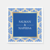 Faux Gouden Folie Blauw Damask Bruiloft Servet (Voorkant)