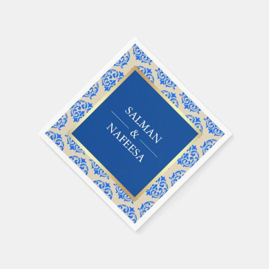 Faux Gouden Folie Blauw Damask Bruiloft Servet (Hoek)