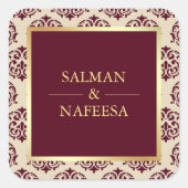 Faux Gouden Folie Bourgondië Damask Bruiloft Vierkante Sticker (Voorkant)