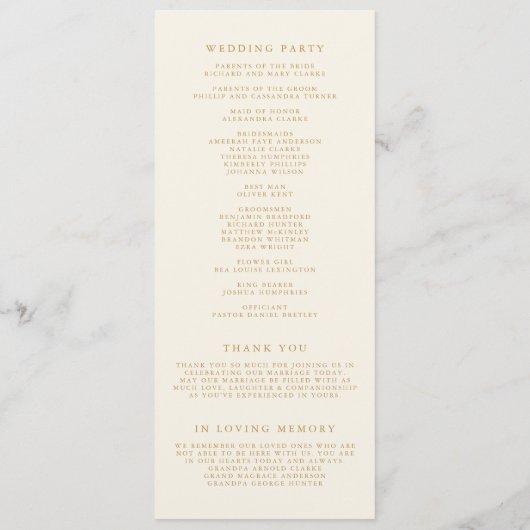 Faux Gouden Folie Confetti Stippen Ivoor Bruiloft Programmakaart (Achterkant)