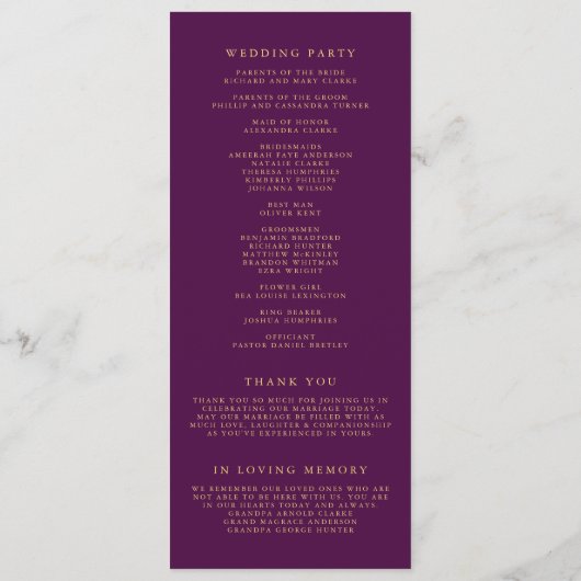 Faux Gouden Folie Confetti Stippen Paarse Bruiloft Programmakaart (Achterkant)