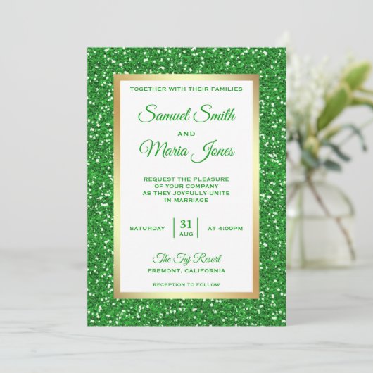 Faux Gouden Folie Groene Glitter Bruiloft Uitnodig Kaart (Staand voorkant)