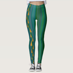 Faux Gouden Folie Kerstbomen w / Groene Strepen Leggings