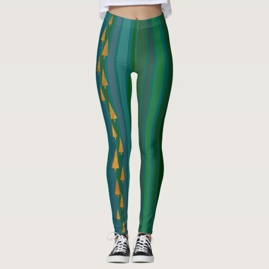 Faux Gouden Folie Kerstbomen w / Groene Strepen Leggings (Voorkant)