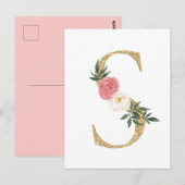 Faux Gouden Folie Letter S Blush Bloemen Monogram Briefkaart (Voorkant / Achterkant)