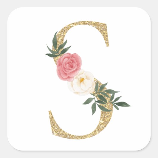 Faux Gouden Folie Letter S Blush Bloemen Monogram Vierkante Sticker (Voorkant)