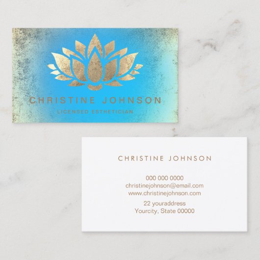 Faux gouden folie lotusbloem en blauw gradiënt visitekaartje (Voorkant / Achterkant)