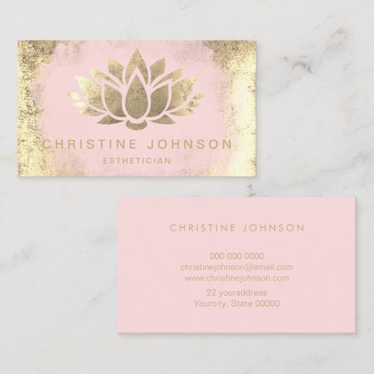 Faux gouden folie lotusbloem op blush roze visitekaartje (Voorkant / Achterkant)