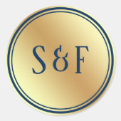 Faux Gouden Folie Marine Blauw Monogram Envelop Af Ronde Sticker (Voorkant)