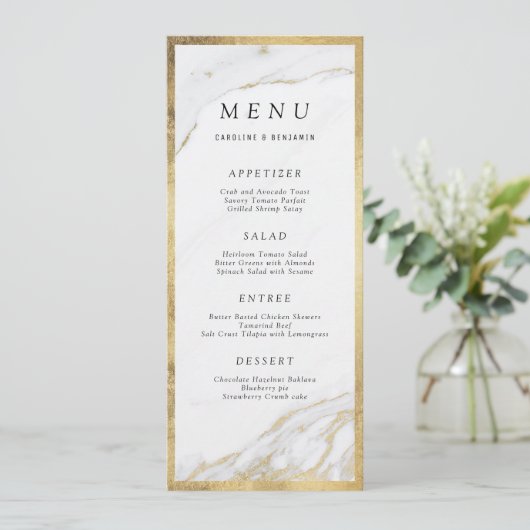 Faux gouden folie marmer luxe modern huwelijksmenu menu (Staand voorkant)